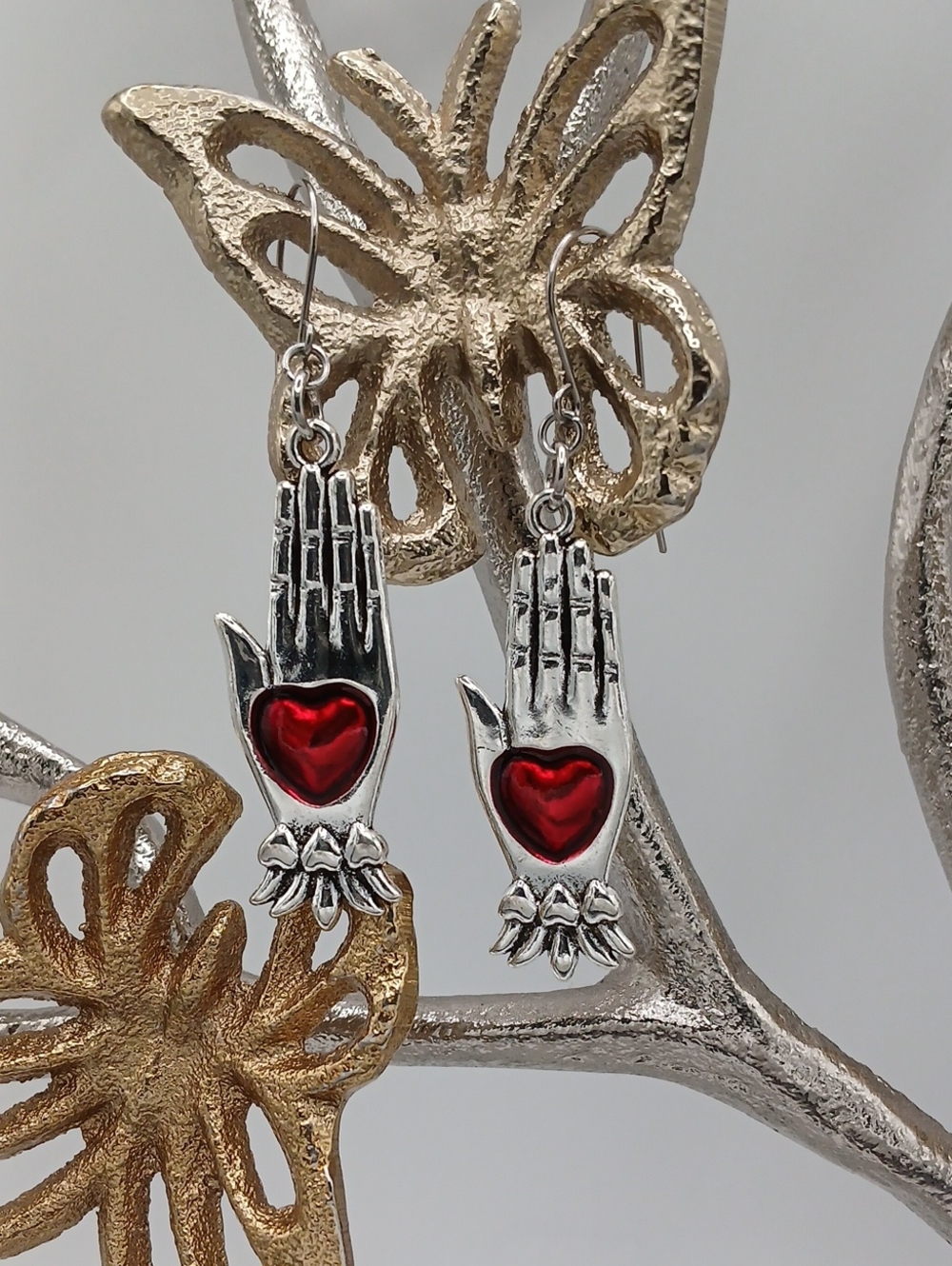 Silver Hand Earrings with Red Heart Accent